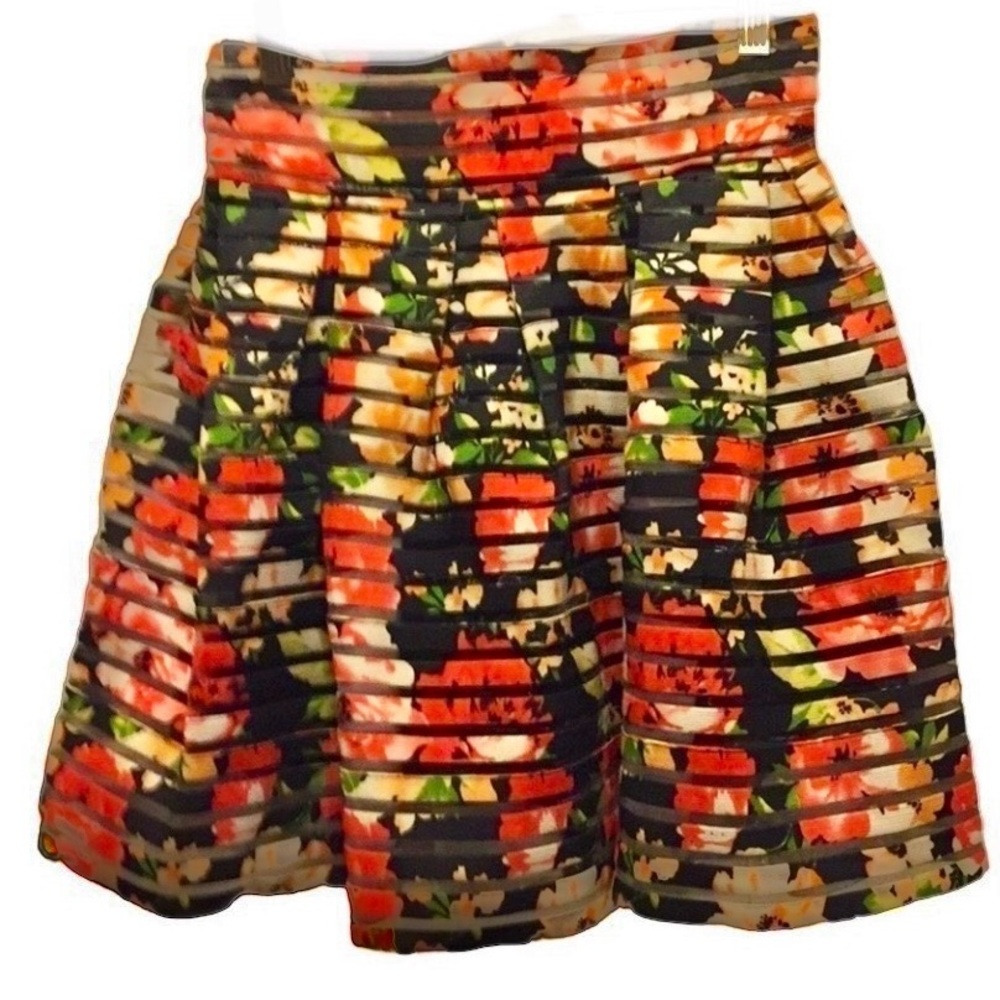 Y2K MESH ribbed lined floral overlay black mini skirt back zipper whimsigoth Med